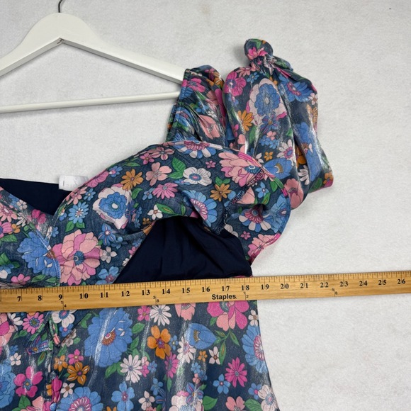 STORIA Womens Floral Tiered Puff Sleeve Mini Dress Metallic Blue Size L Cottage - Picture 6 of 10